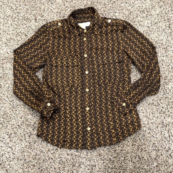 MICHAEL Michael Kors Chain Link Button Up Blouse Brown Gold XS - Picture 2 of 9